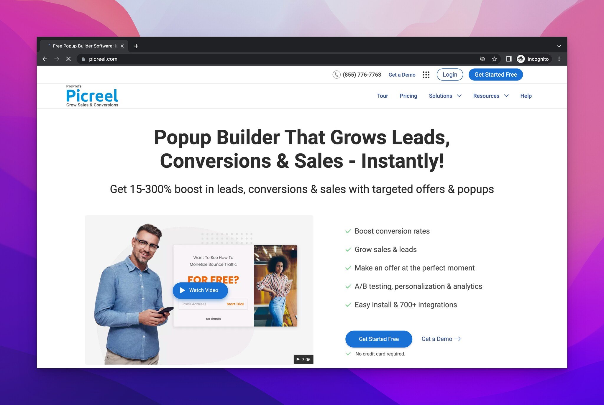 Picreel’s homepage with the headline in the center followed by a video preview with a man holding a mobile phone next to a popup and product features listed on the right.