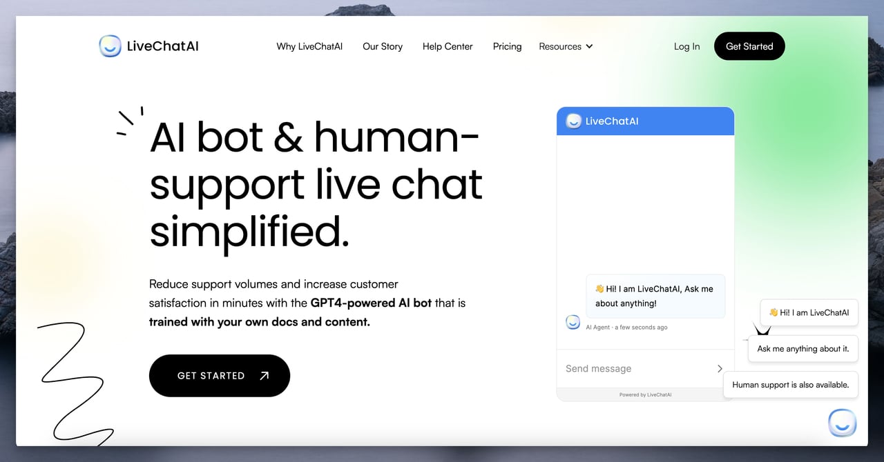LiveChatAI’s homepage with the headline in the center followed by a piece of text and a black “GET STARTED” button on a light background with a blue and green hue