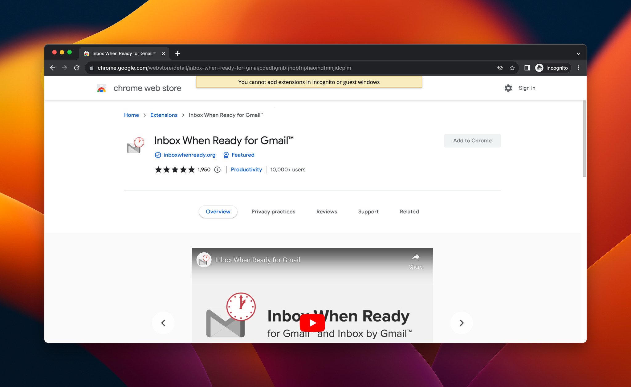 a screenshot of Inbox When Ready, which is a Chrome extension for productivity