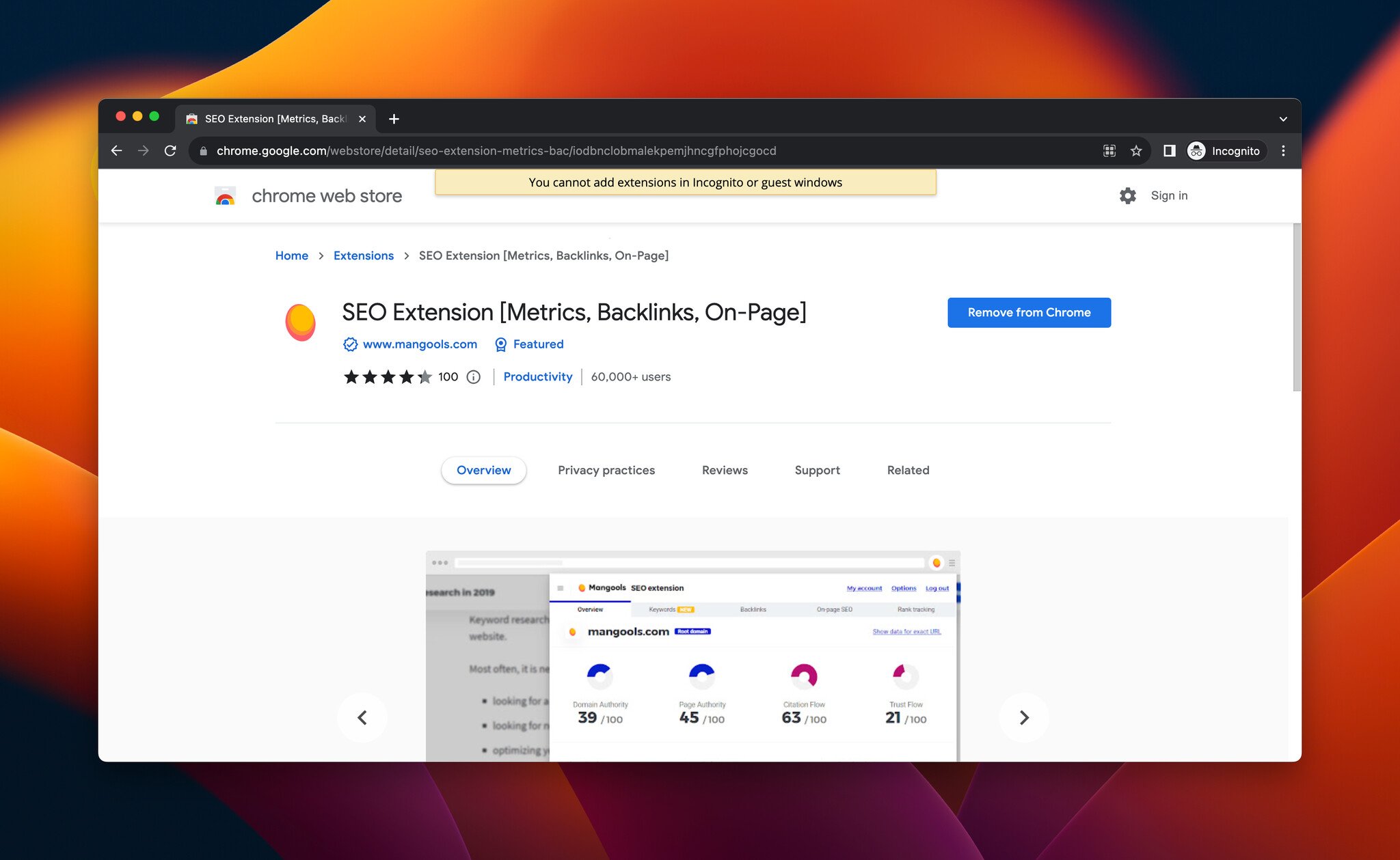 a screenshot of Mangools SEO Extension, which is a Chrome extension for SEO