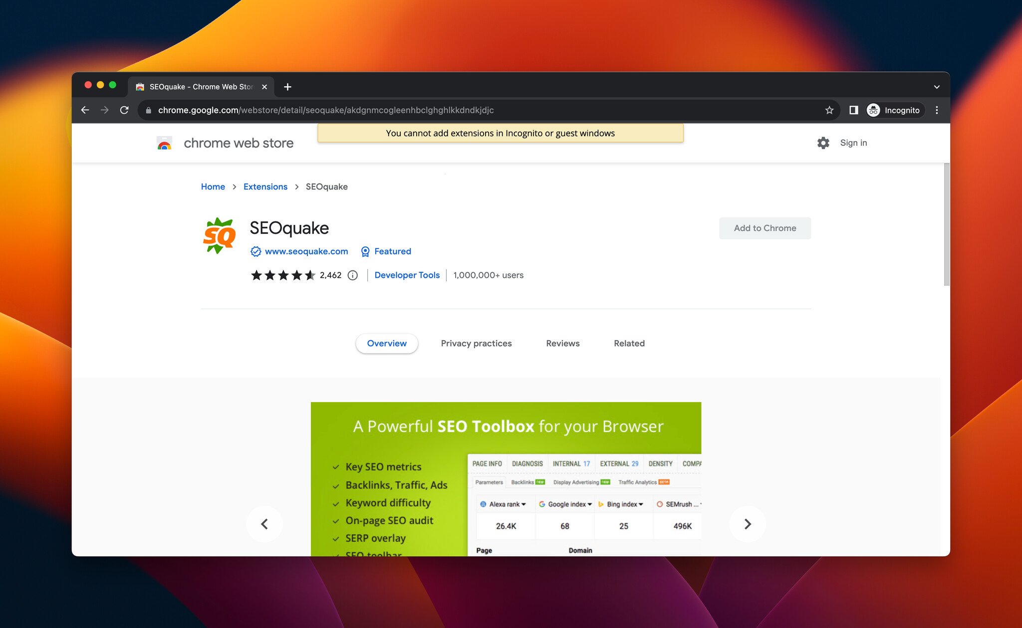 a screenshot of SEOquake, which is a Chrome extension for SEO