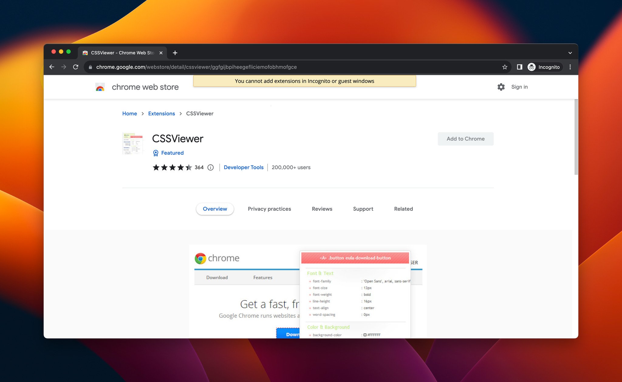 a screenshot of CSSViewer, which is a Chrome extension for developers