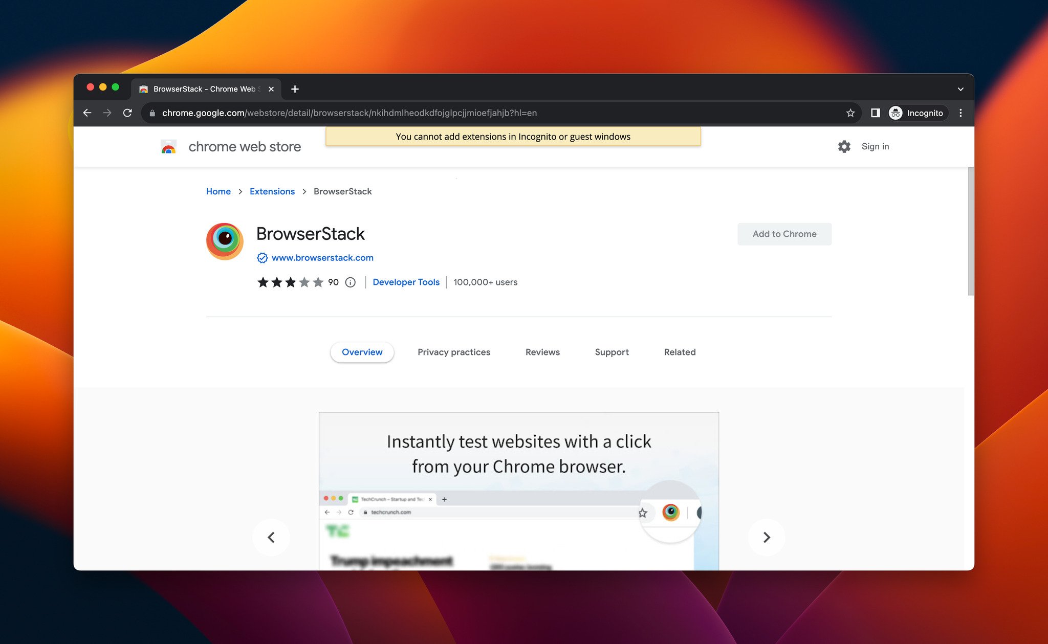 a screenshot of BrowserStack, which is a Chrome extension for developers