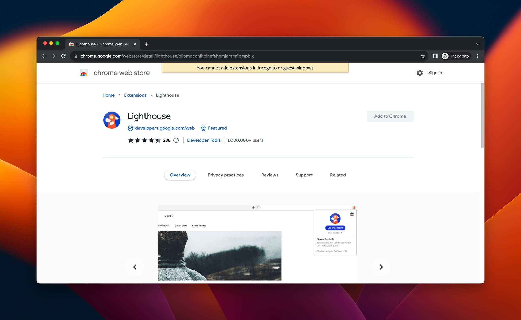 a screenshot of Lighthouse, which is a Chrome extension for developers