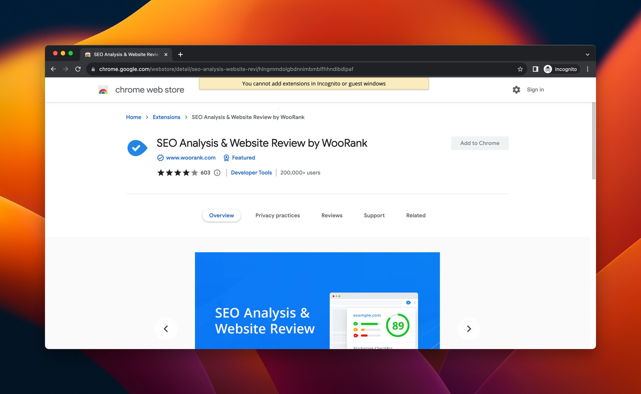 a screenshot of WooRank, which is a Chrome extension for SEO