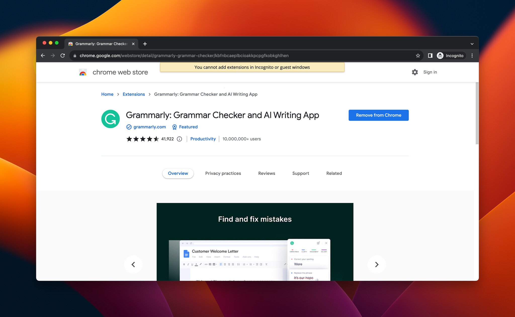 a screenshot of Grammarly, which is a Chrome extension for productivity