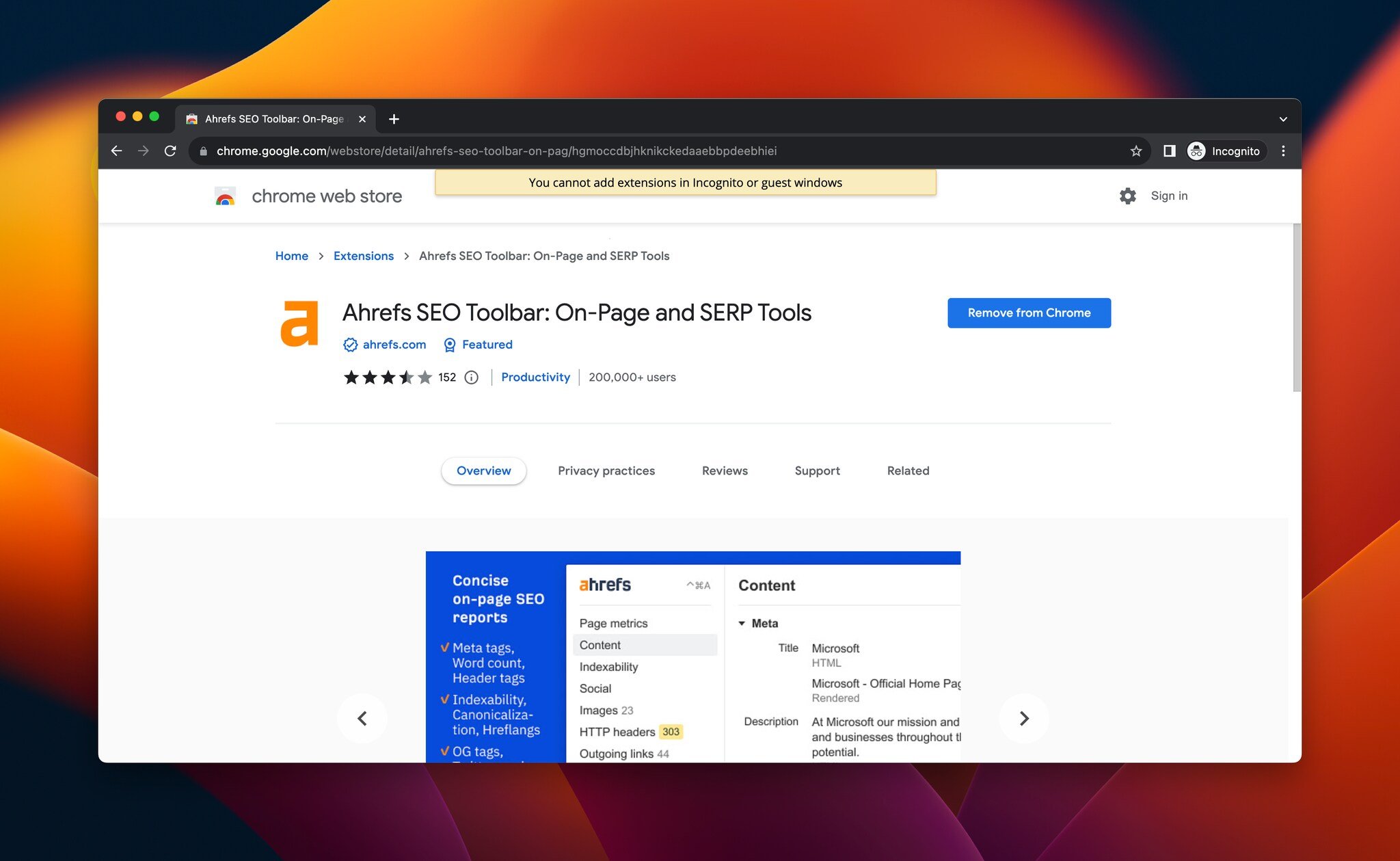 a screenshot of Ahrefs SEO Toolbar, which is a Chrome extension for SEO