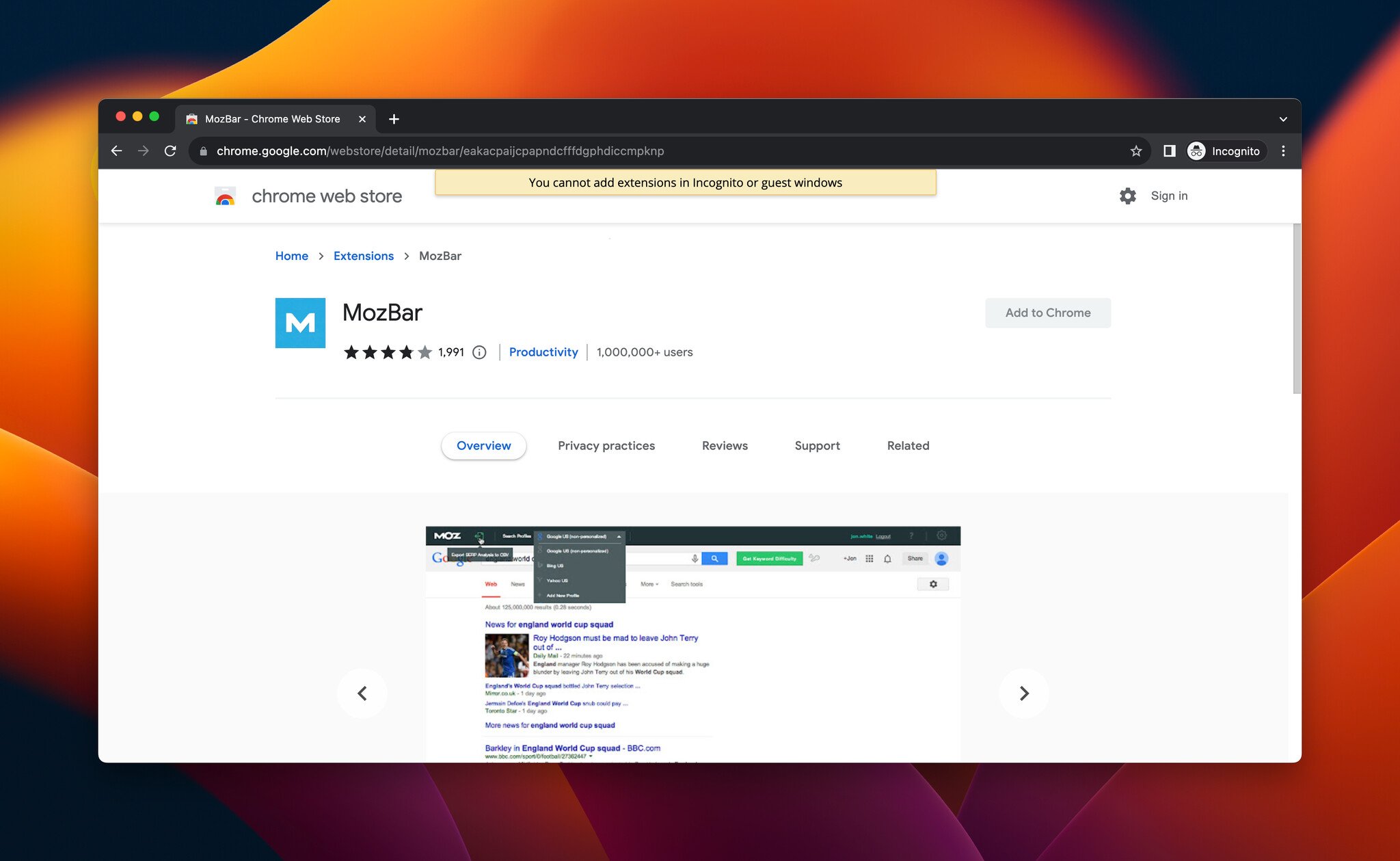 a screenshot of MozBar, which is a Chrome extension for SEO