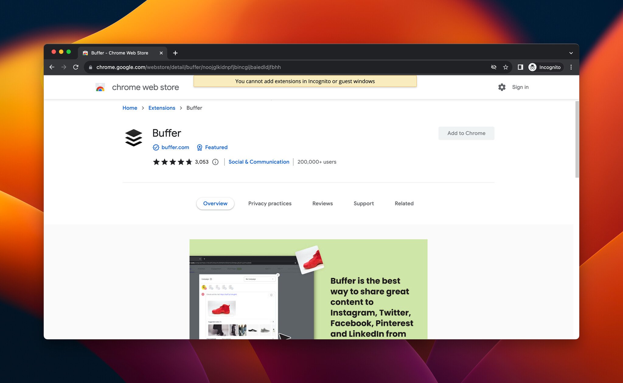 a screenshot of Buffer, which is a Chrome extension for social media