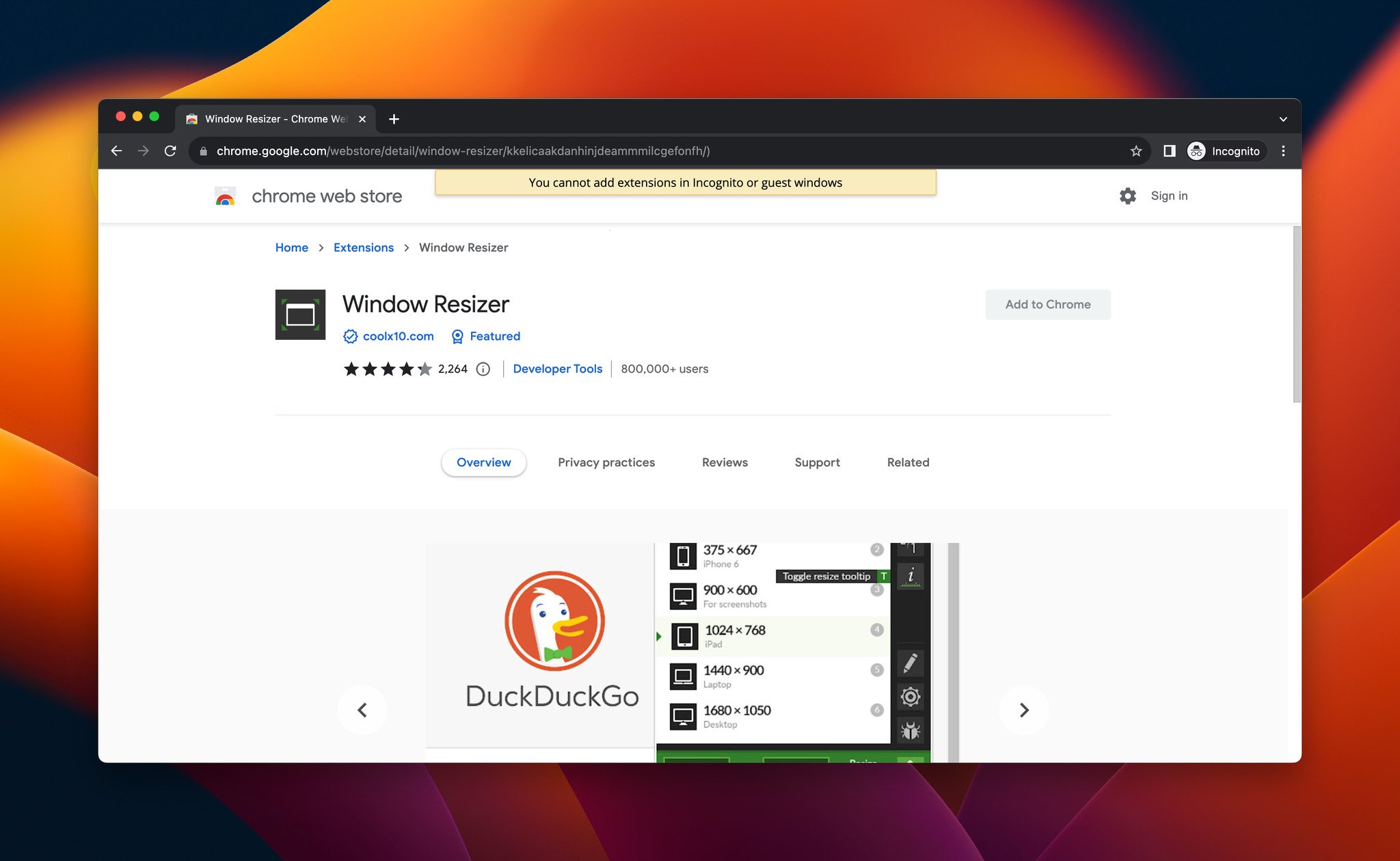 a screenshot of Window Resizer, which is a Chrome extension for developers