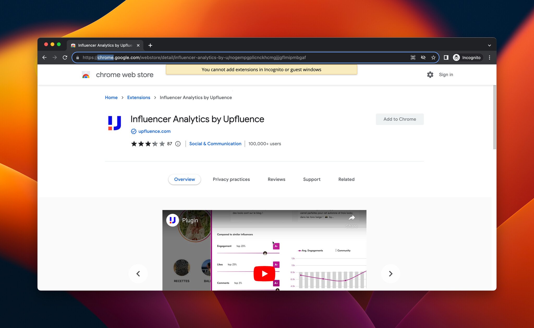 a screenshot of Influencer Analytics by Upfluence, which is a Chrome extension for social media