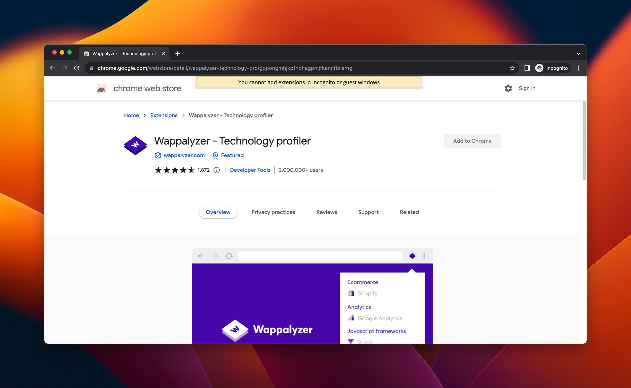 a screenshot of Wappalyzer, which is a Chrome extension for developers