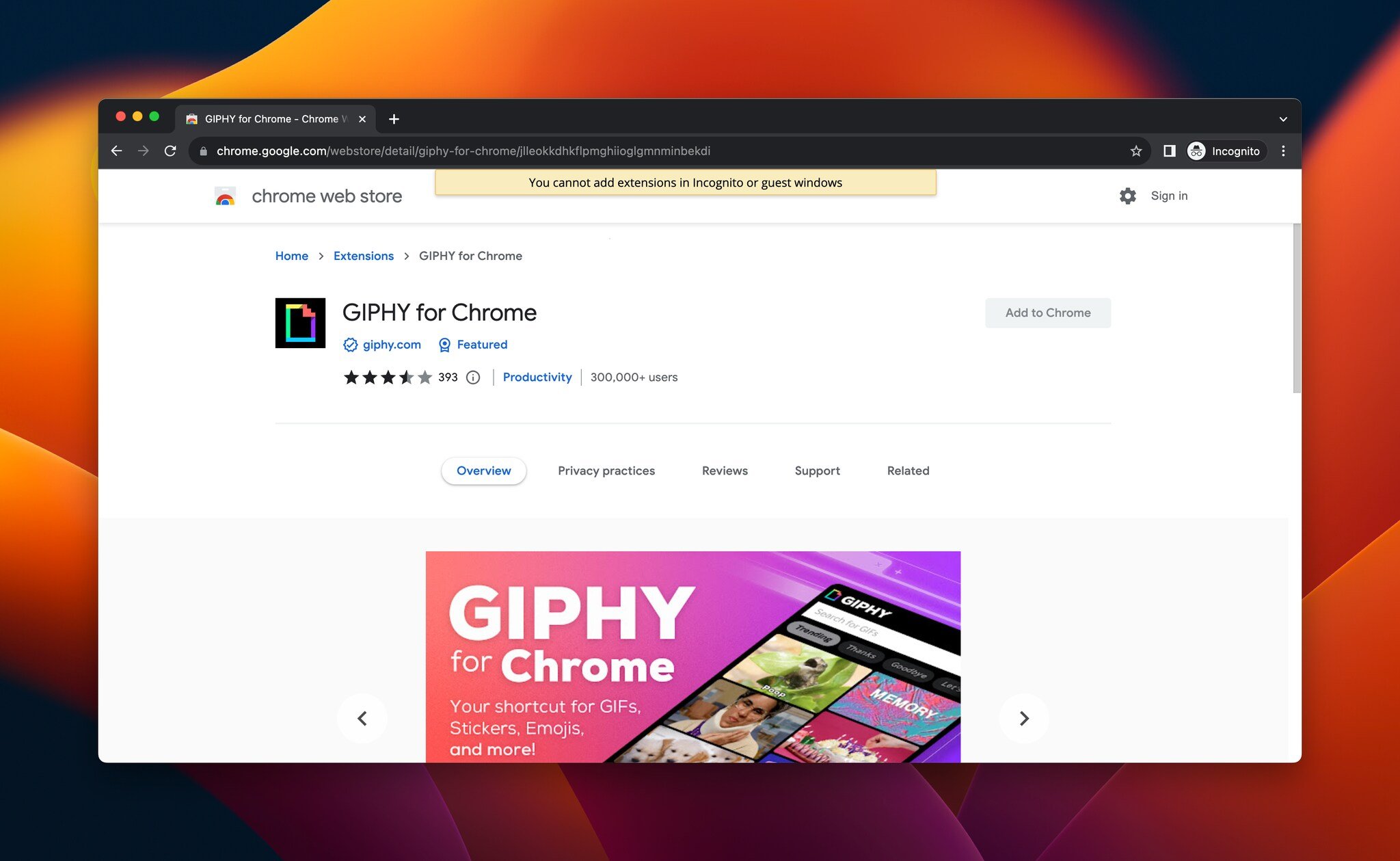 a screenshot of GIPHY, which is a Chrome extension for social media