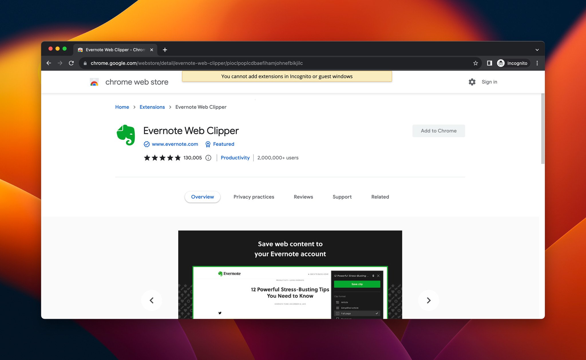 a screenshot of Evernote Web Clipper, which is a Chrome extension for productivity