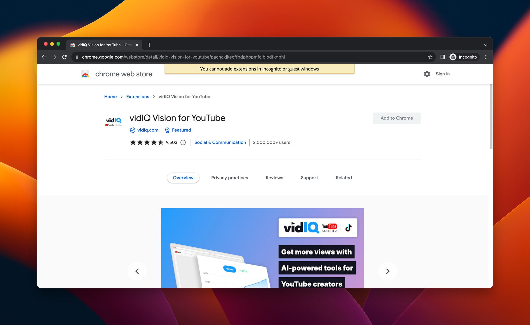 a screenshot of vidIQ Vision for YouTube, which is a Chrome extension for social media