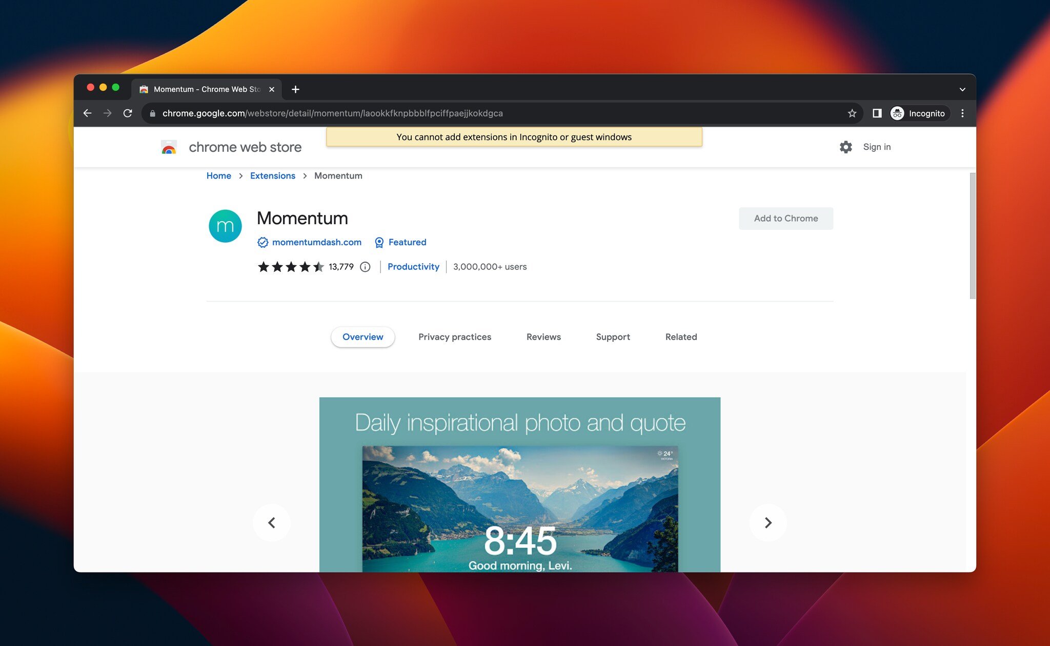 a screenshot of Momentum, which is a Chrome extension for productivity