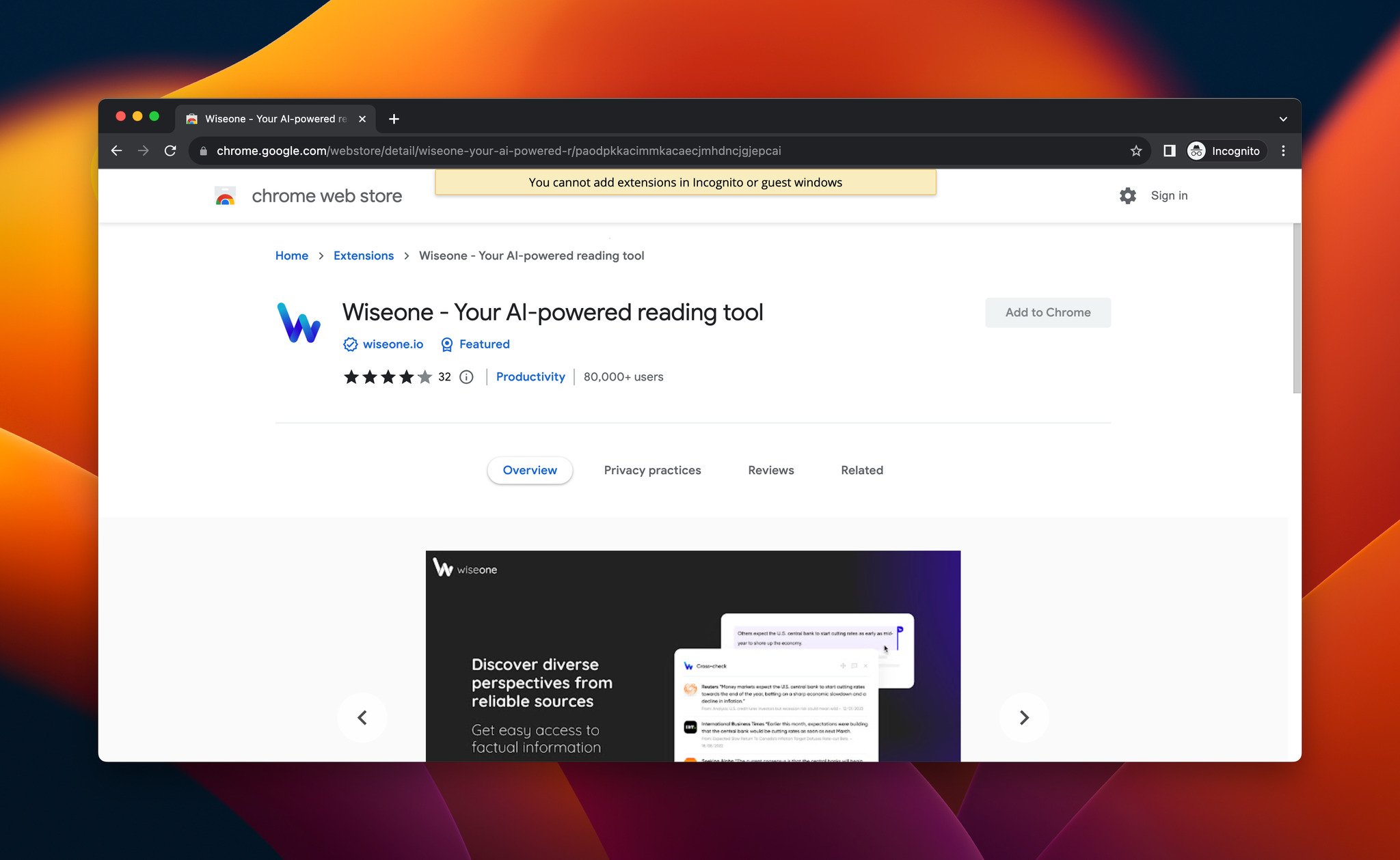 a screenshot of Wiseone, which is an AI Chrome extension