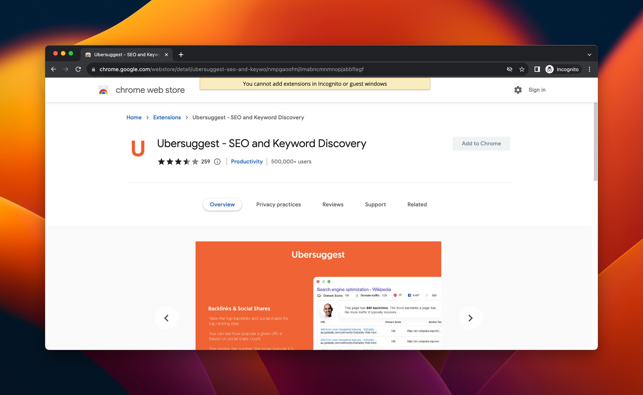 a screenshot of Ubersuggest, which is a Chrome extension for SEO