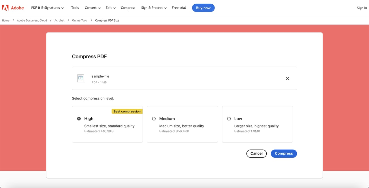 Compress PDF with compression level with Adobe Acrobat