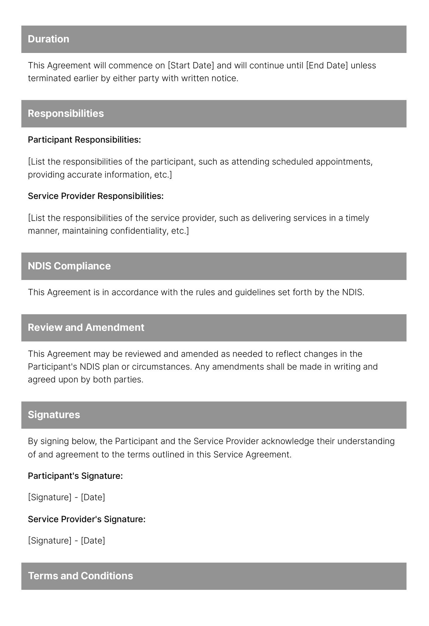 second page of participant and service provider contract template for NDIS