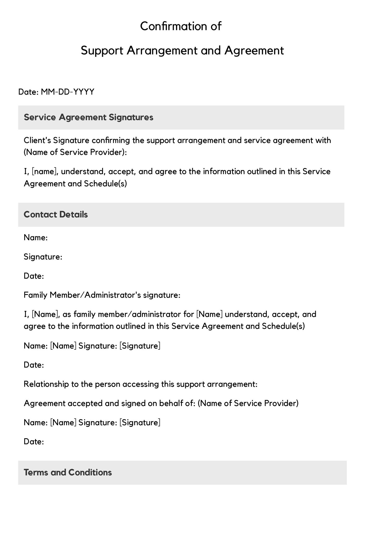 confirmation of support arrangement and agreement template for NDIS