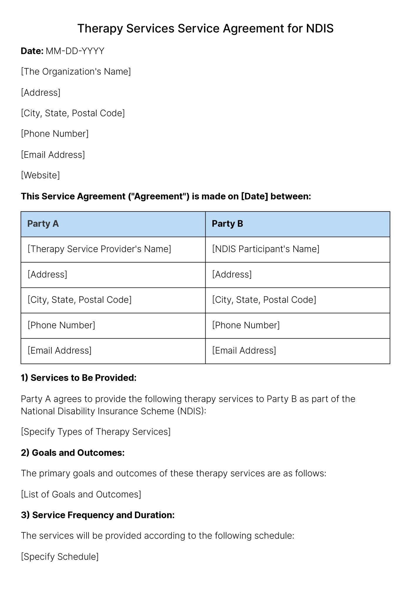 first page of therapy services service agreement template for NDIS