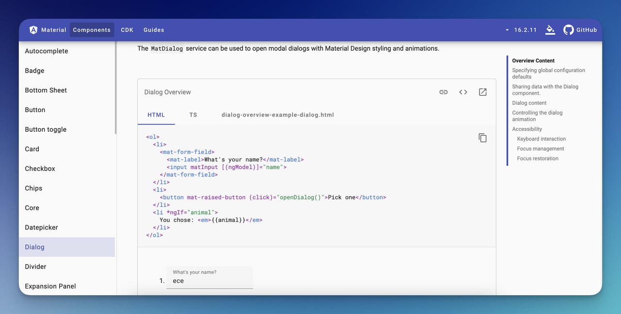 mat dialog overview in the components section of the angular material website