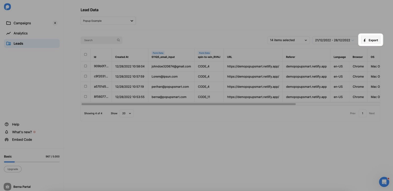 exporting lead data from popupsmart dashboard