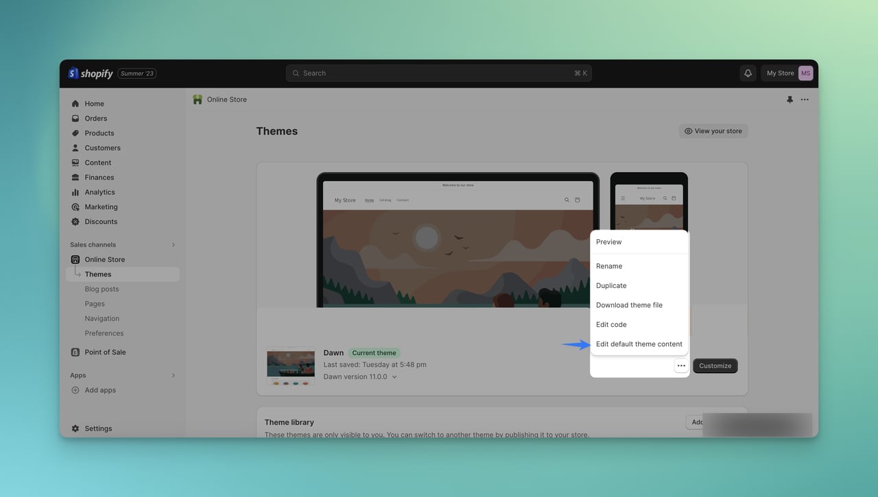 edit default theme content on Shopify theme on Shopify Admin page