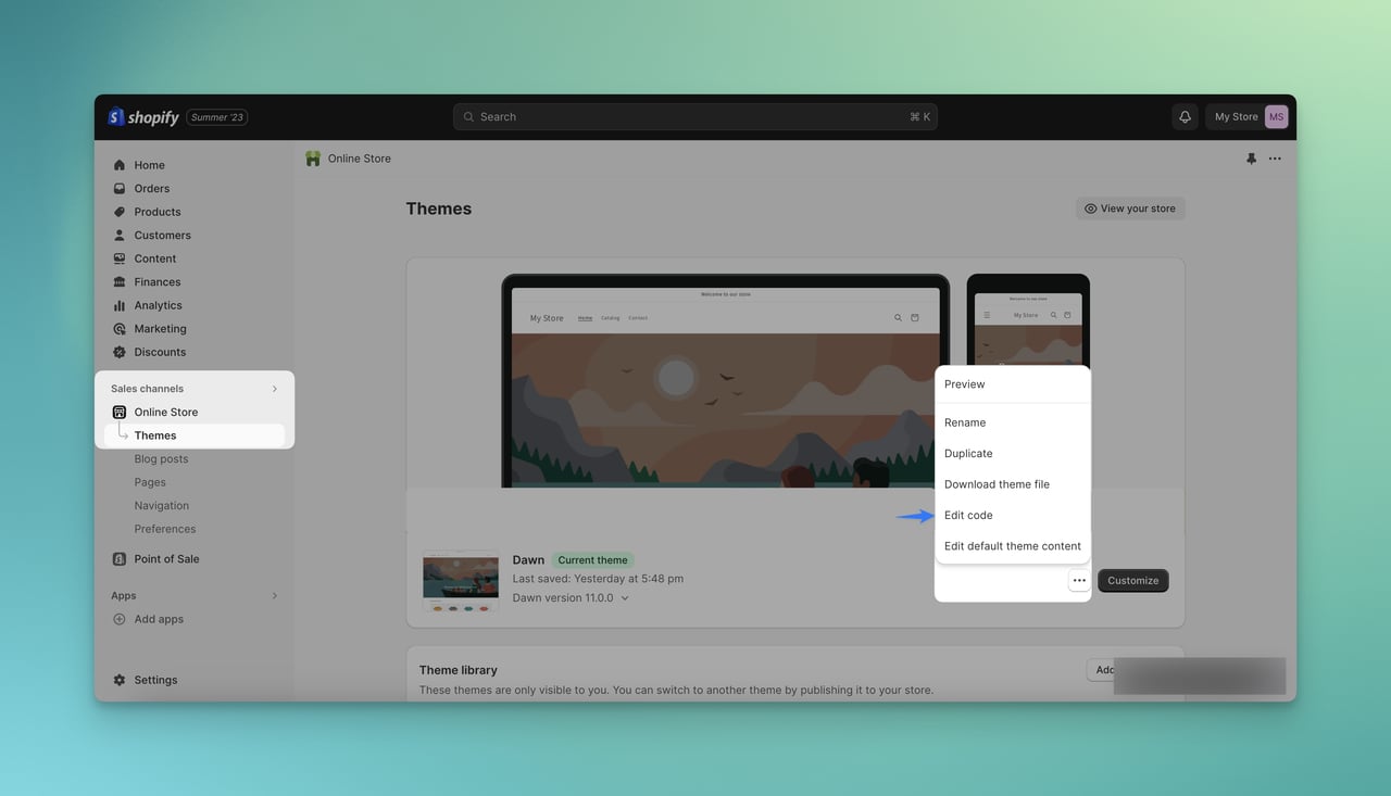 Themes tab and edit code of the theme highlighted on Shopify Admin page