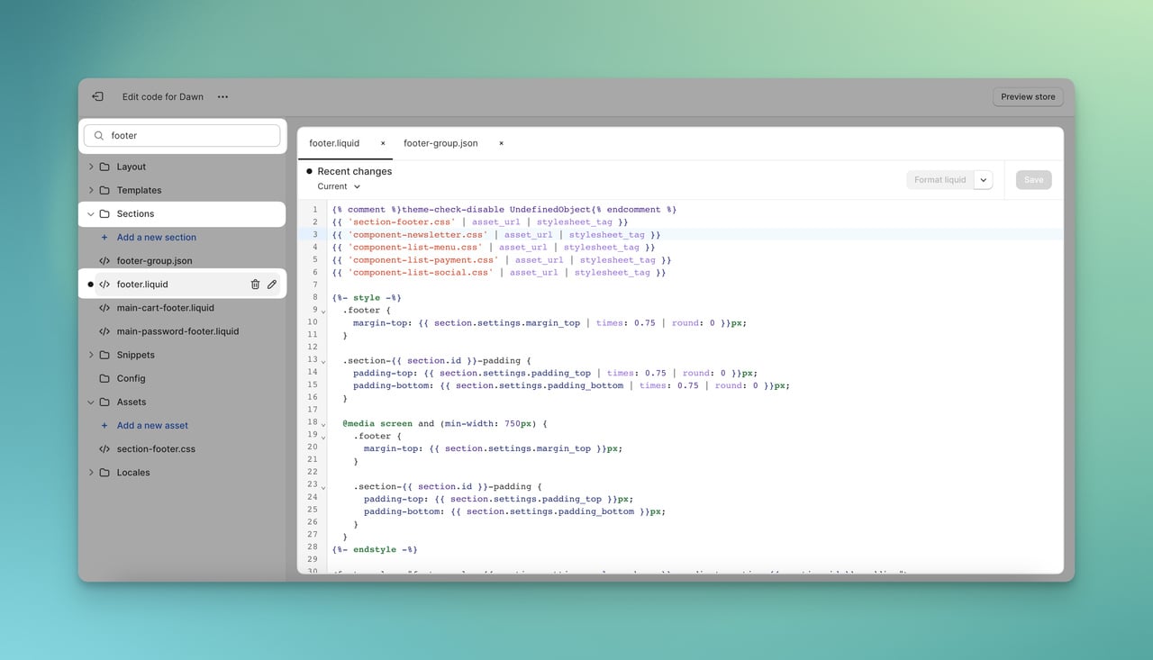 Sections and searching footer liquid on the Theme Editor of Shopify