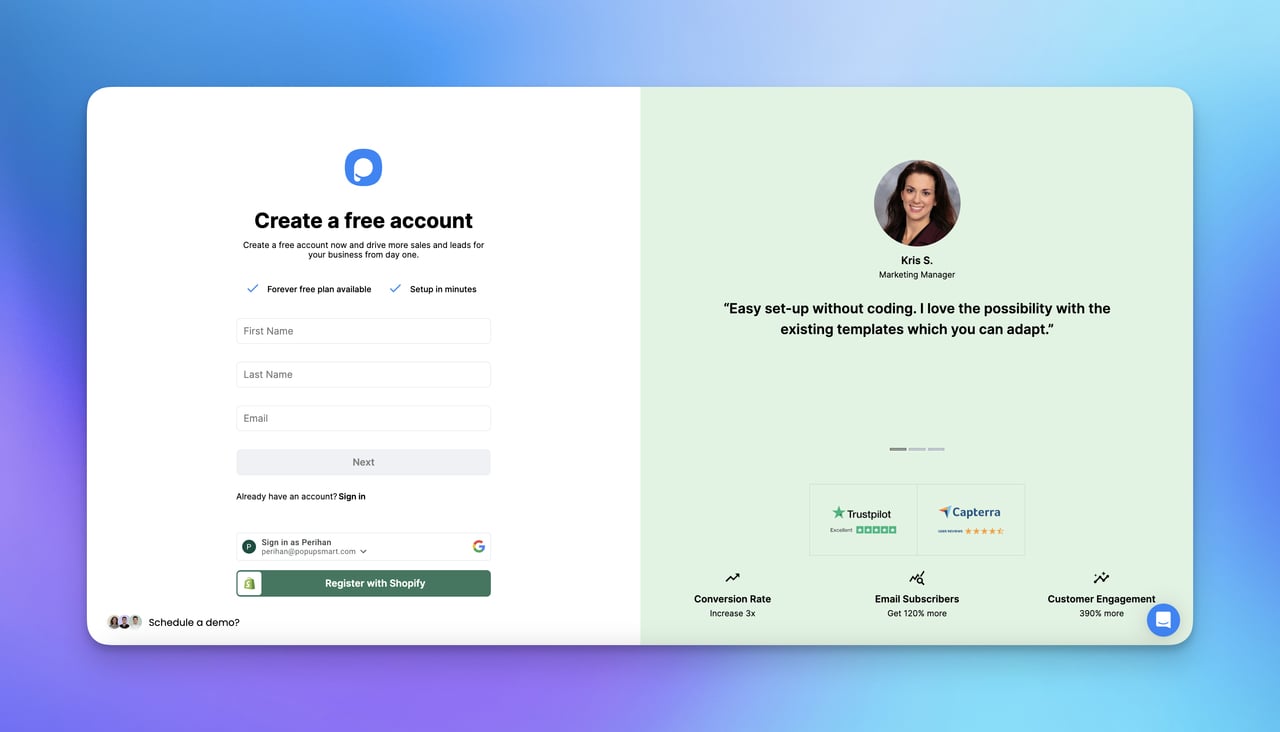 register page of Popupsmart to create account with testimonials