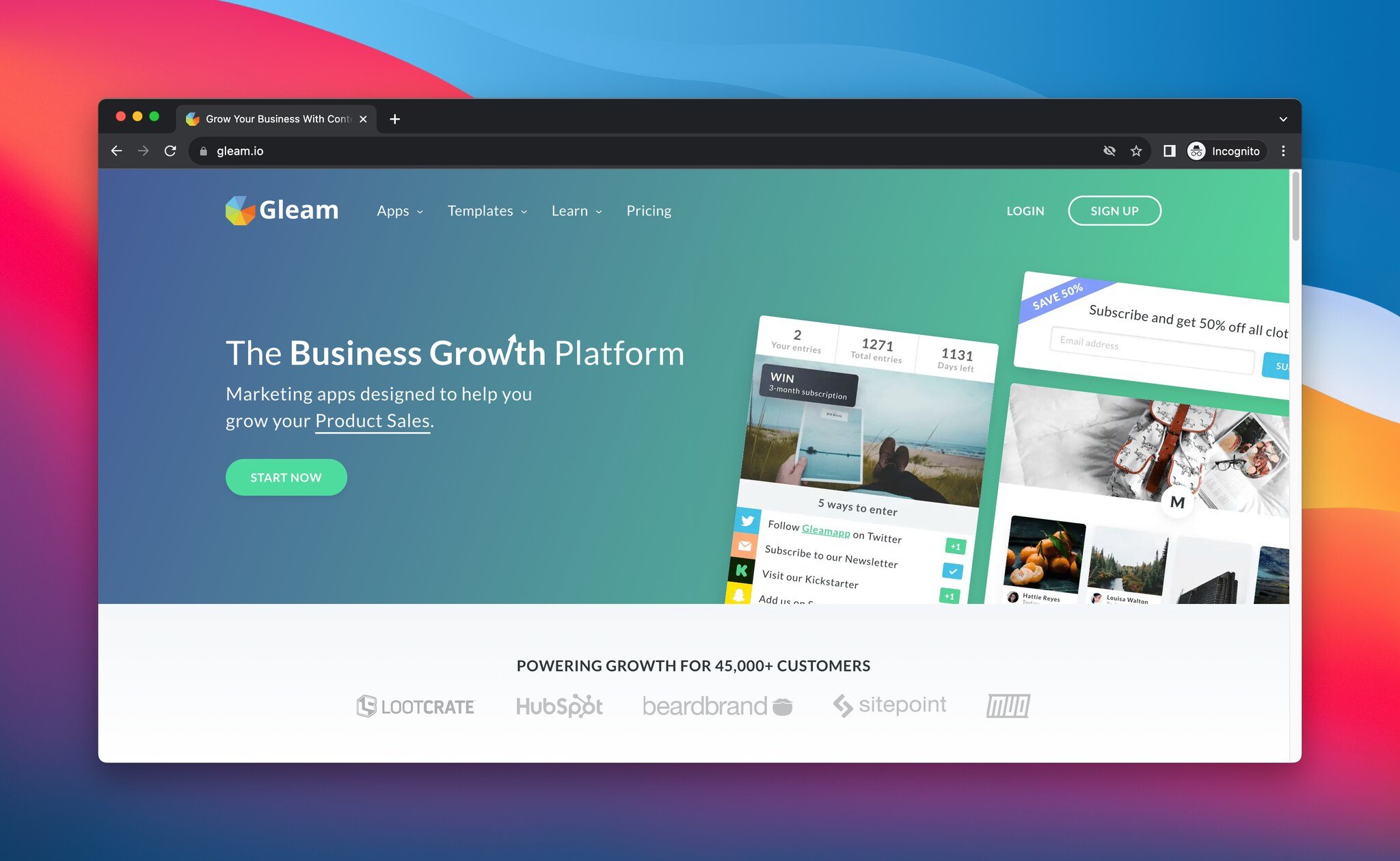 a screenshot of the landing page of Gleam, which is a giveaway tool