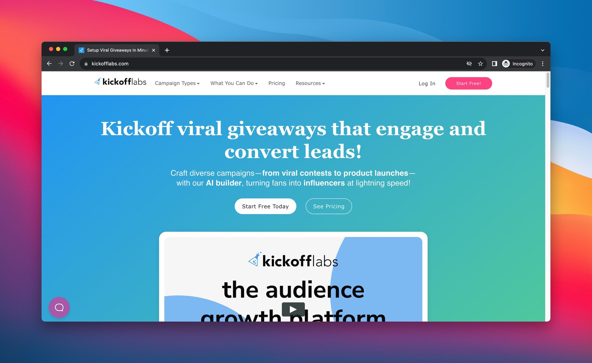 a screenshot of the landing page of KickoffLabs, which is a giveaway tool