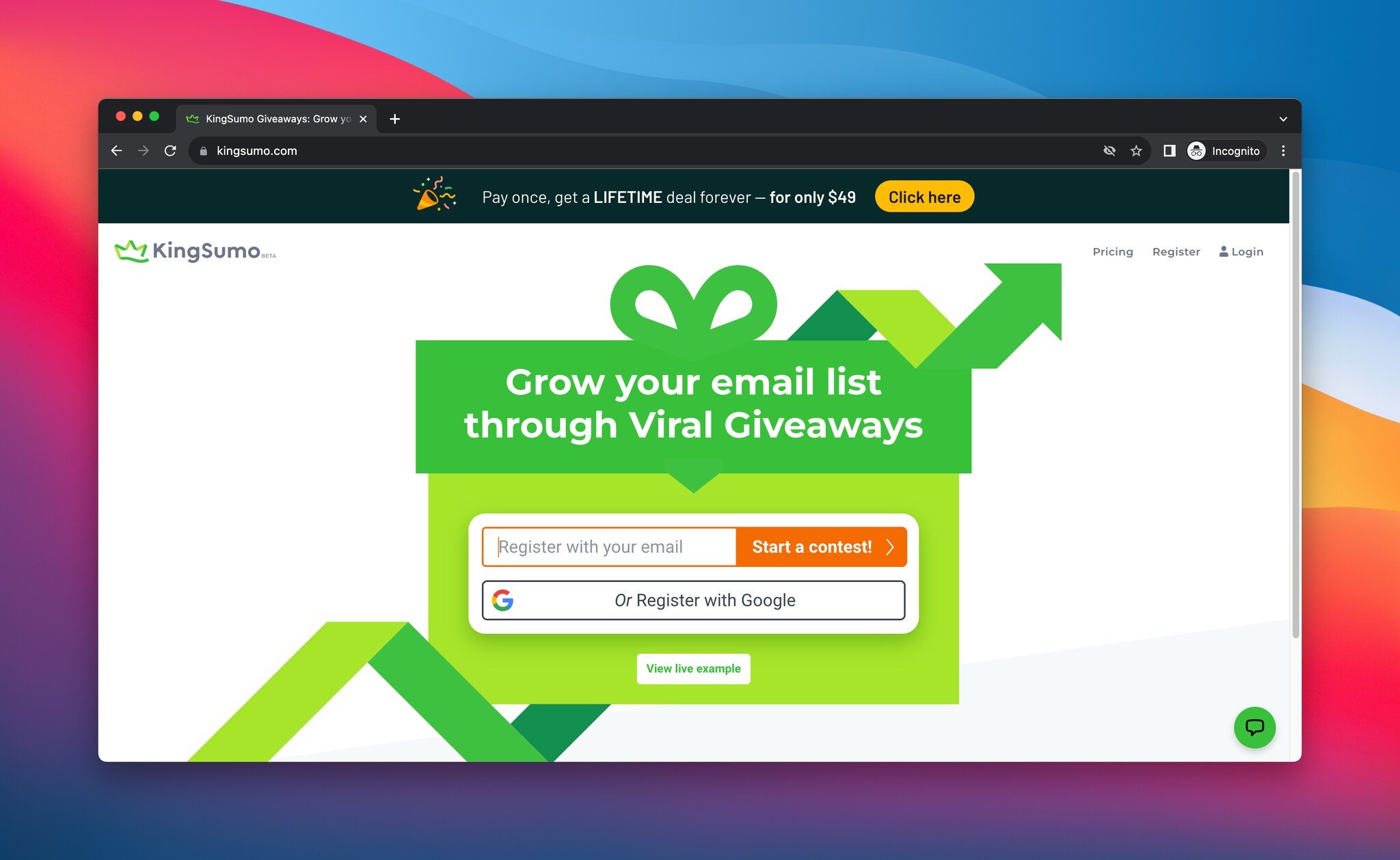 a screenshot of the landing page of KingSumo, which is a giveaway tool