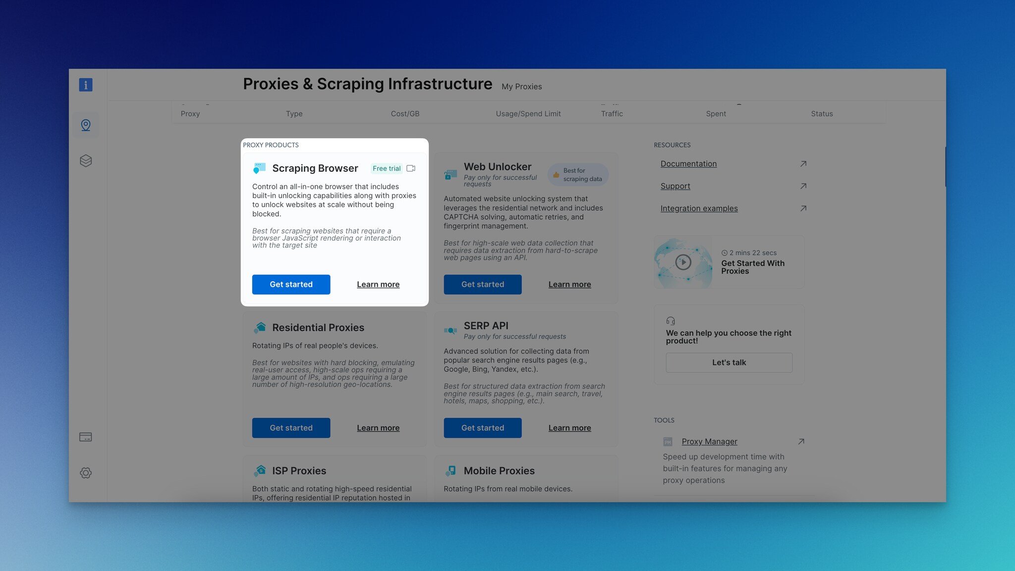 going to the Proxies & Scraping Infrastructure page on Bright Data