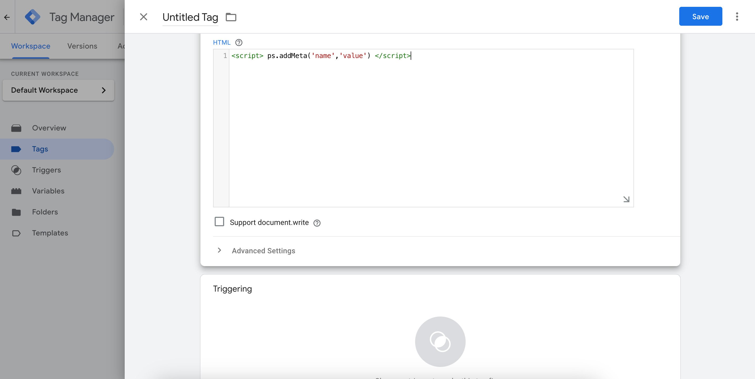 adding code snippet to custom html part on google tag manager