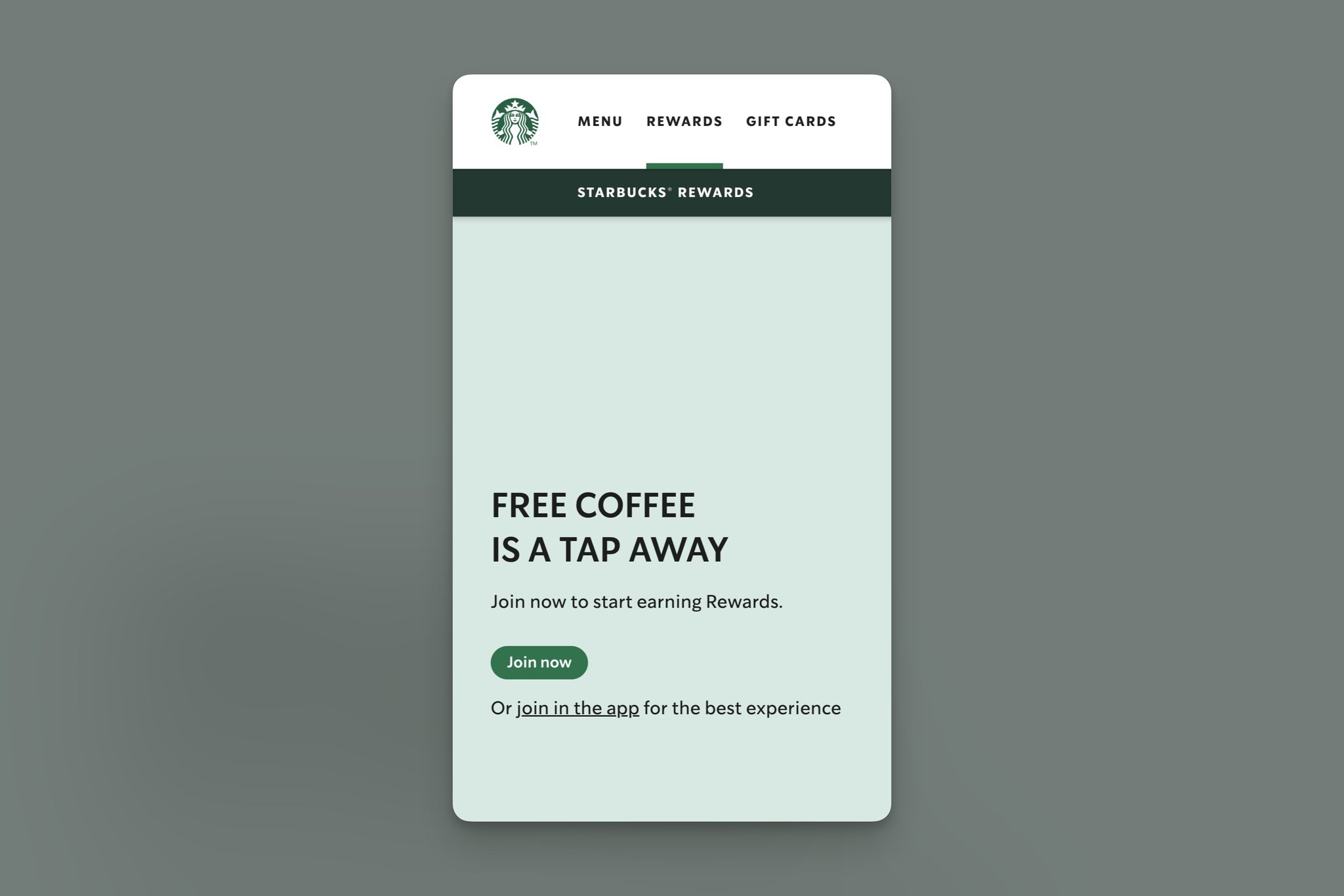 Starbucks reward website with "Free Coffee is a Tap Away" headline followed by a green "Join now" button