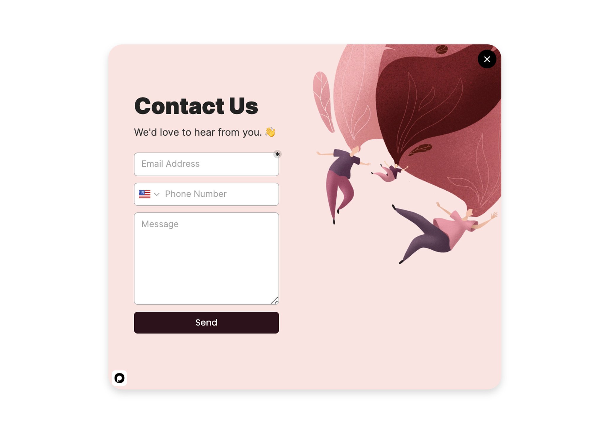 A feedback popup with the "Contact us"heading followed by email address, phone number, and message fields