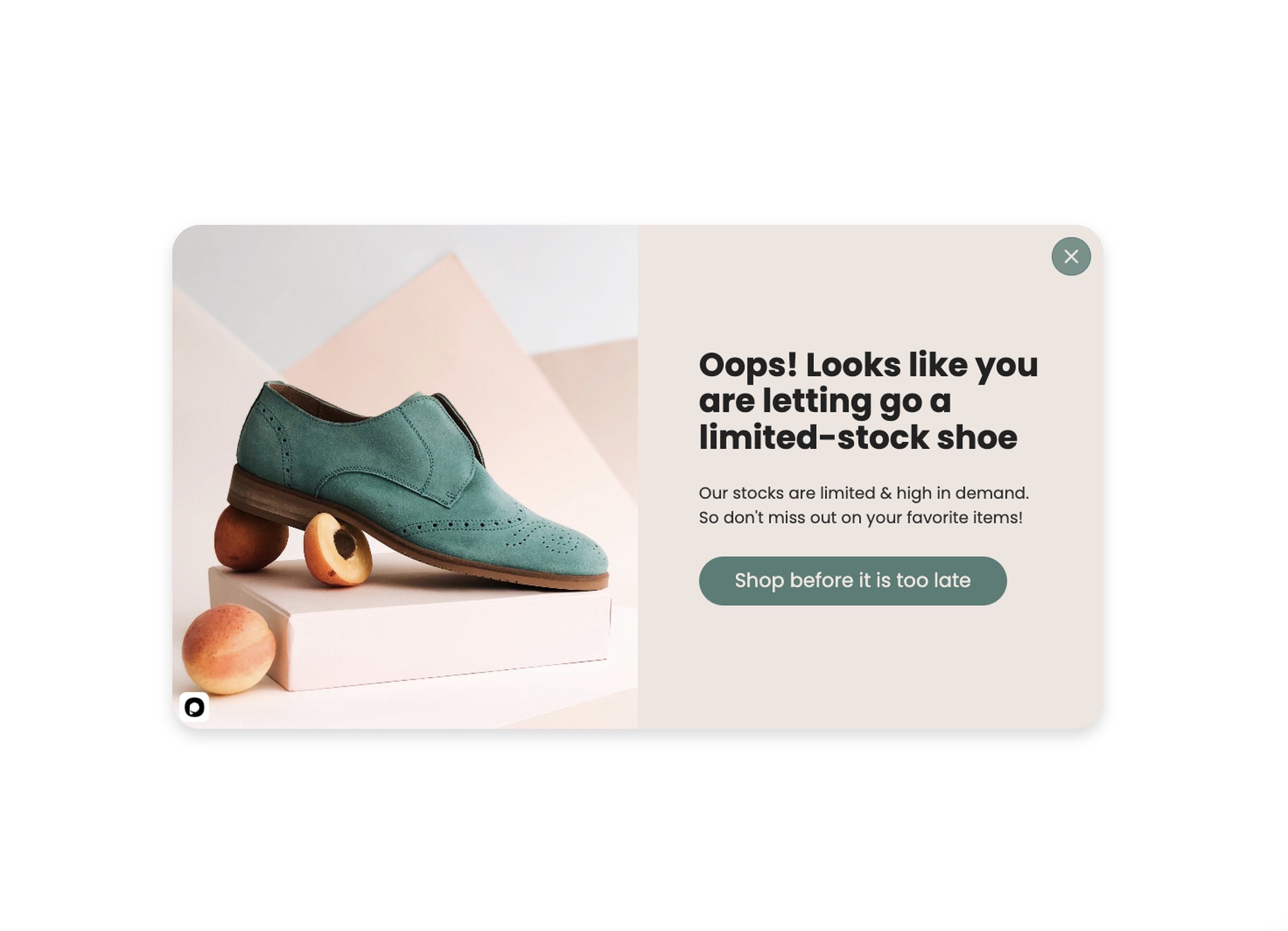 Limited time offer popup with a green shoe image and the text "Oops! Look like you are letting go of a limited-stock shoe"