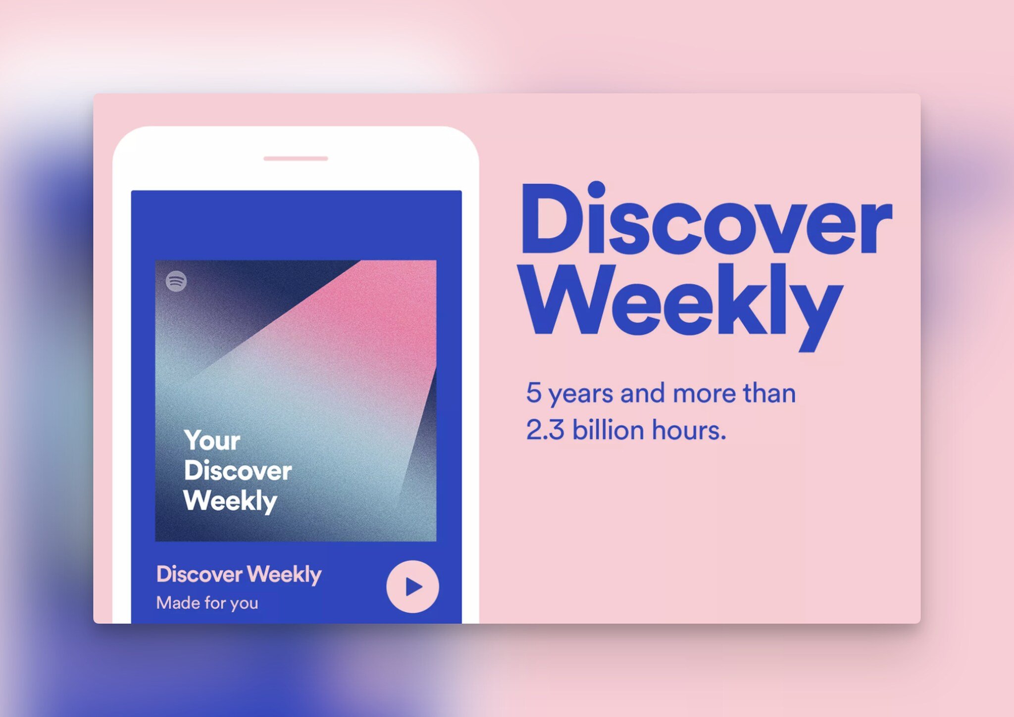 Spotify discover weekly preview on the left in a phone mock-up and the headline on the right