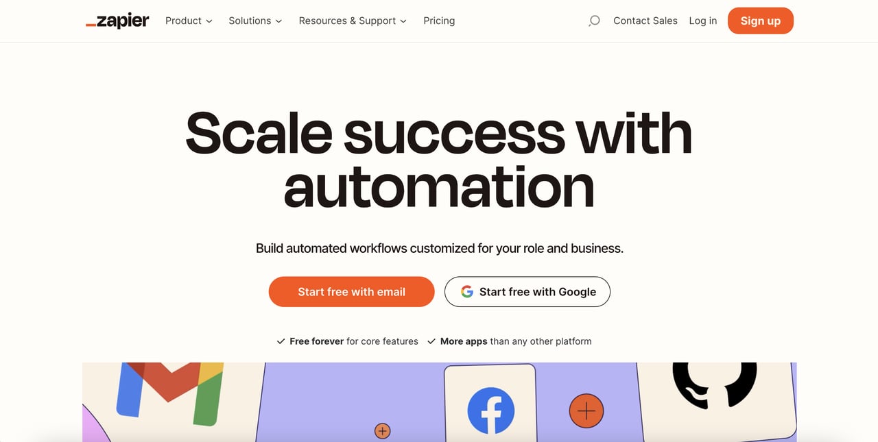 the Zapier homepage with orange CTA buttons