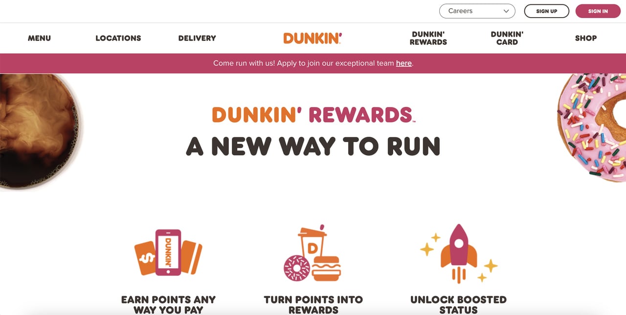 the homepage of Dunkin Donuts with a pink CTA button