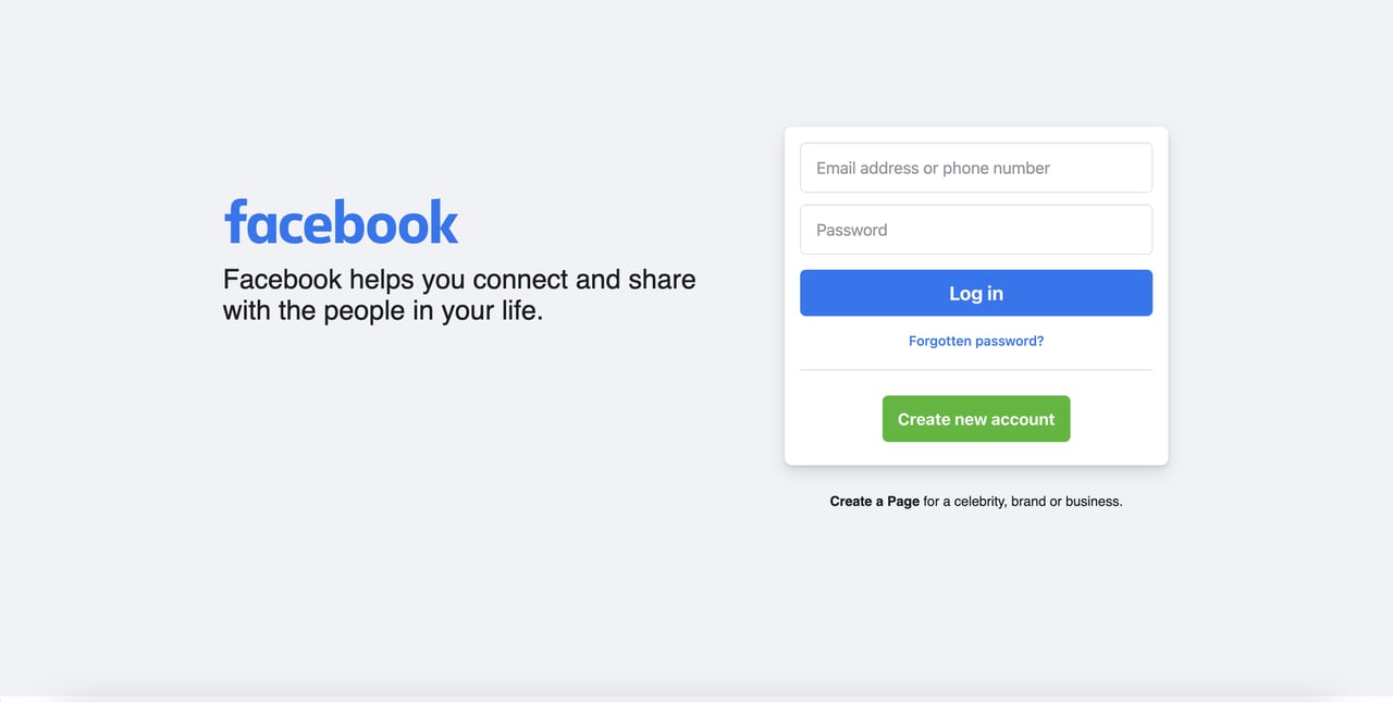 the Facebook login page with a blue CTA button