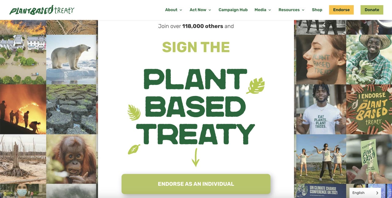 the Plant Based Treaty homepage with green CTA button