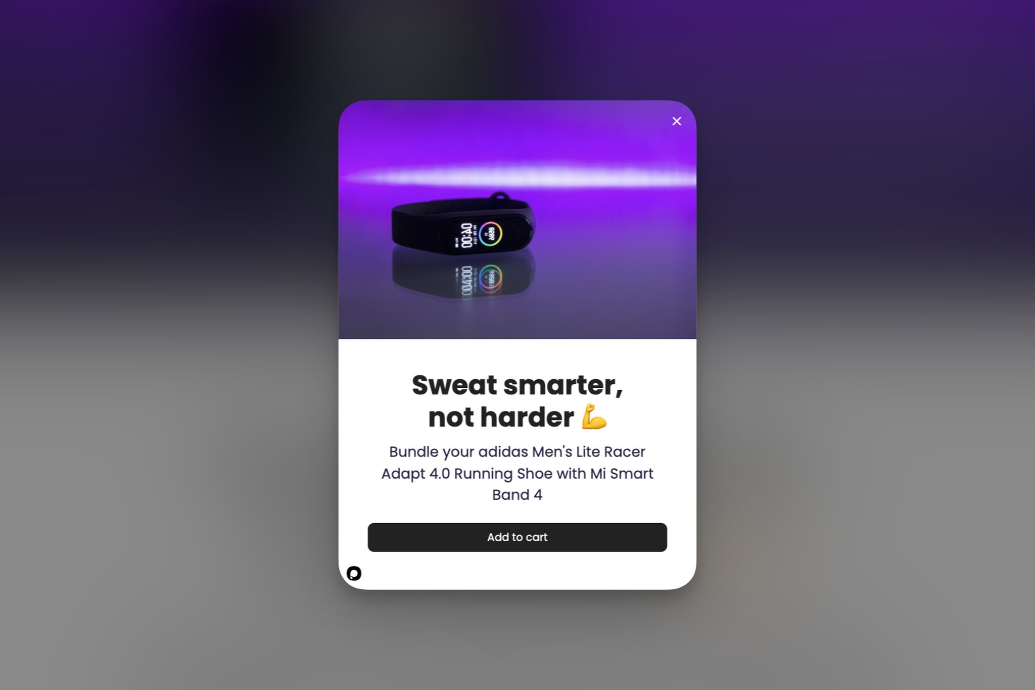 A bundle popup with a smart watch image above and a bundle offer below followed by an “Add to cart” button
