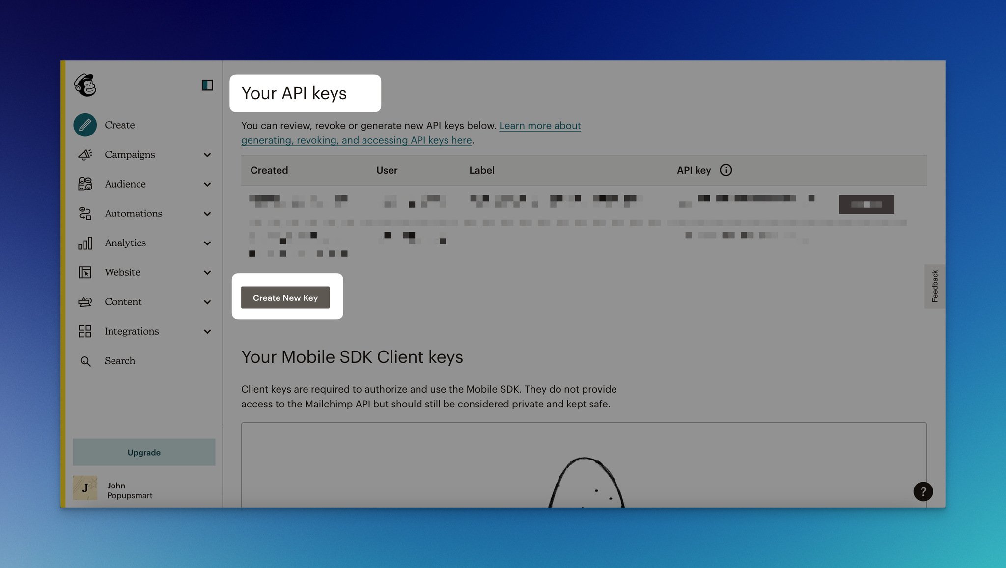 a screenshot of creating a new key from “Your API keys” section on MailChimp