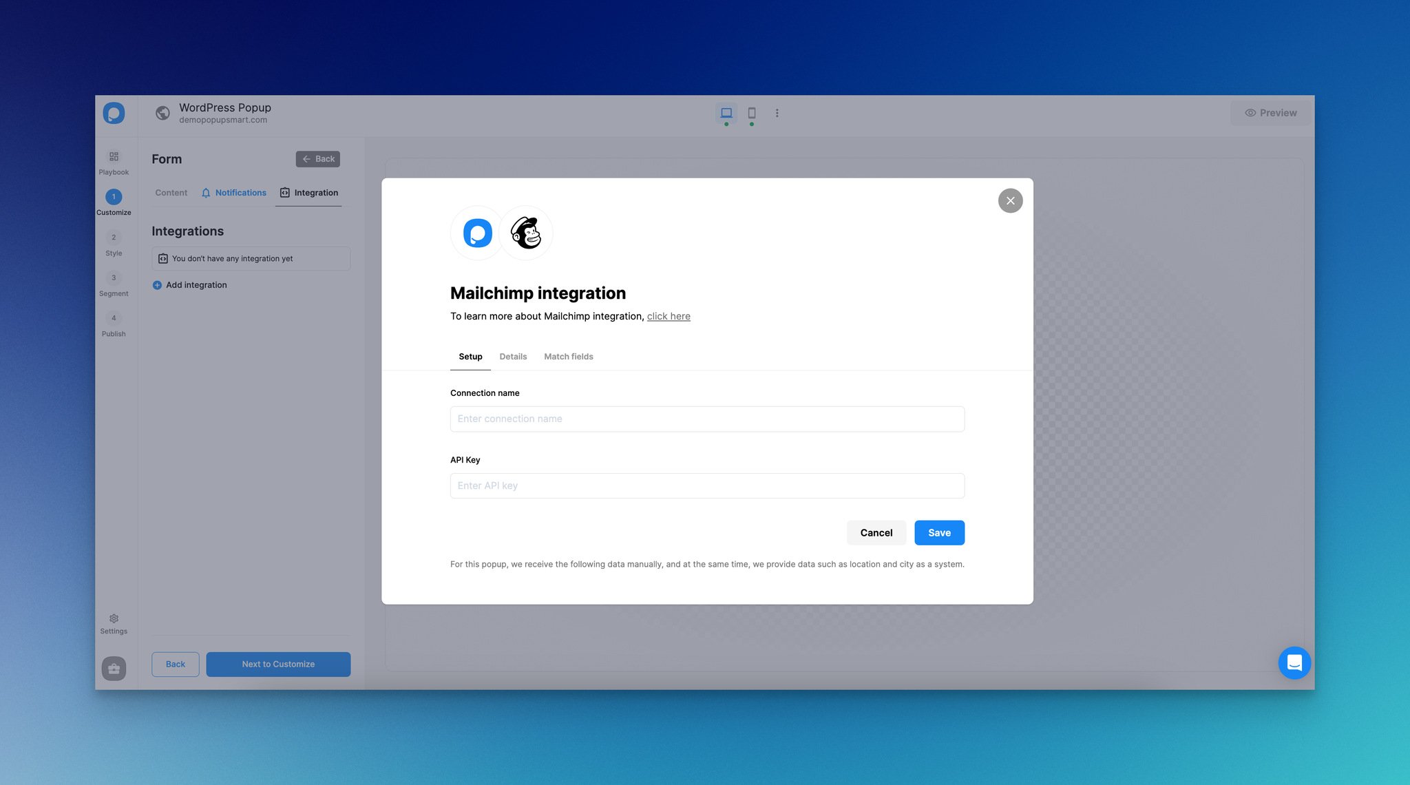 a screenshot of setting up MailChimp integration and entering API key on Popupsmart