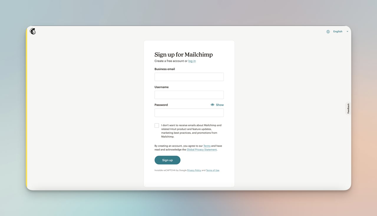 the sign up form page of MailChimp site for new users