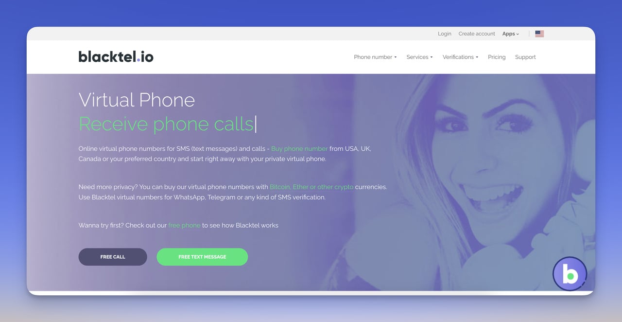 Virtual phone number provider blacktel.io homepage ss